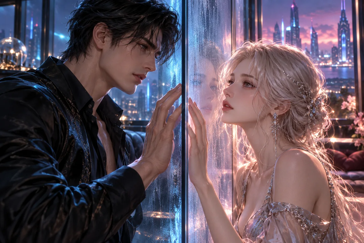 Two fictional characters separated by glass