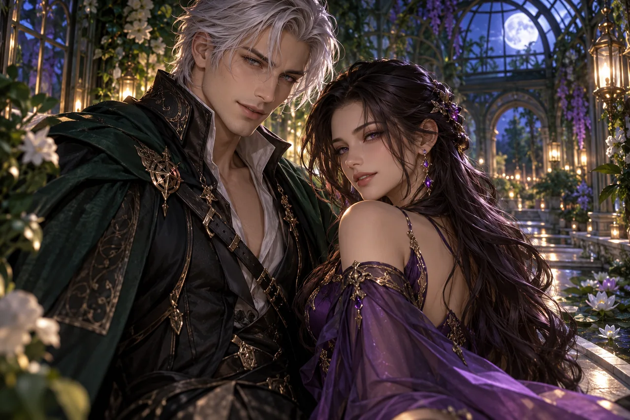 Two original travelers in a moonlit conservatory