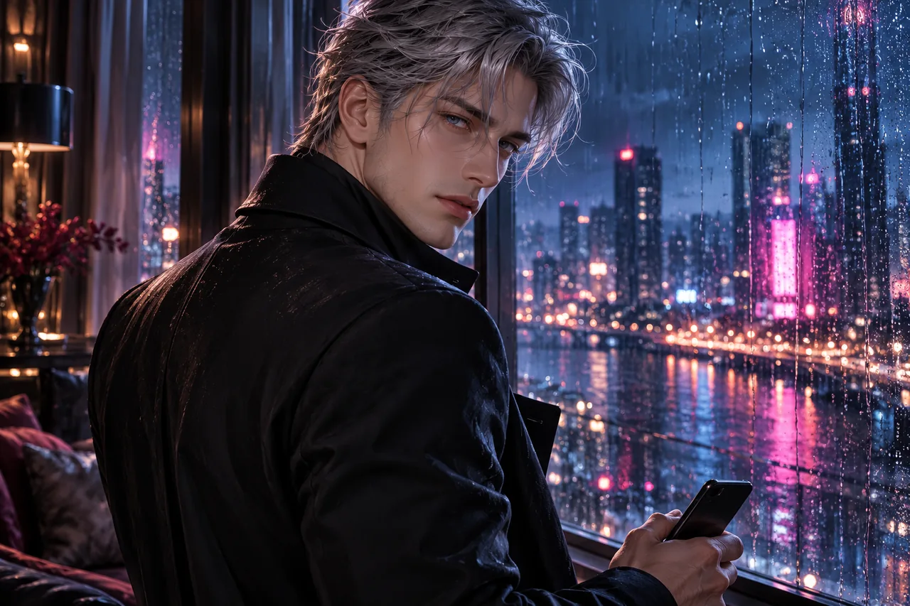 A fictional character waiting beside a rainy window