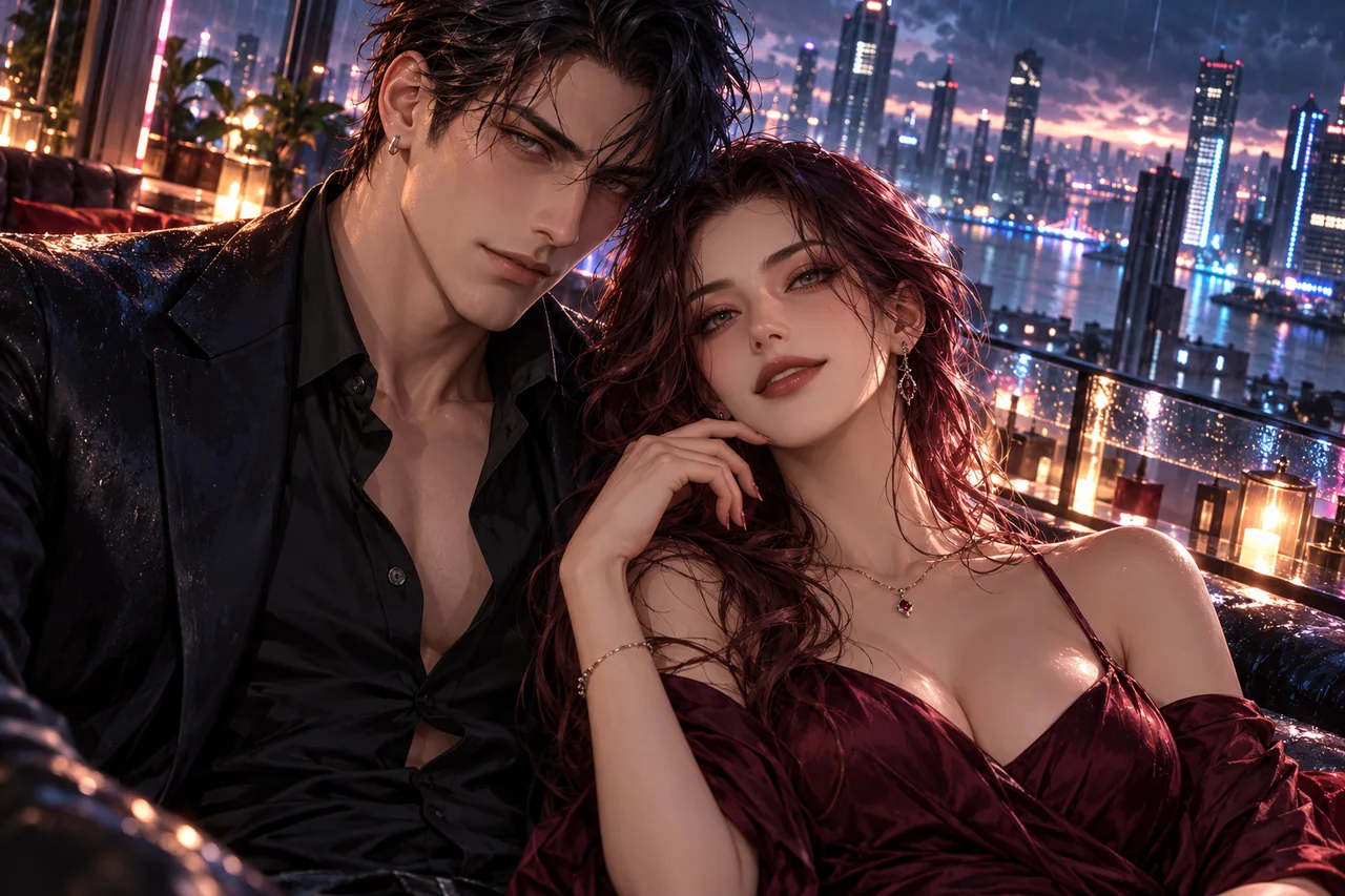 Two fictional characters overlooking a city at night